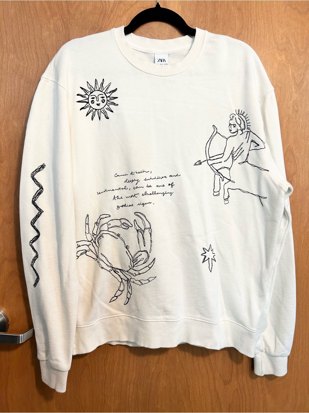Zara Zodiac Sign in Cancer Embroidered Sweatshirt Cream - Size L